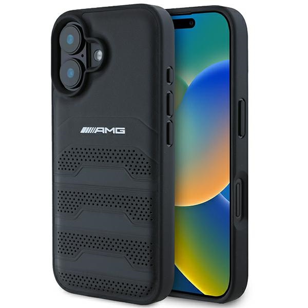 Amg Amhcp16sgsebk Iphone 16 6,1" Schwarze Hartschalen-hülle Aus Leder Mit Geprägten Linien Und Schwarzem Logo