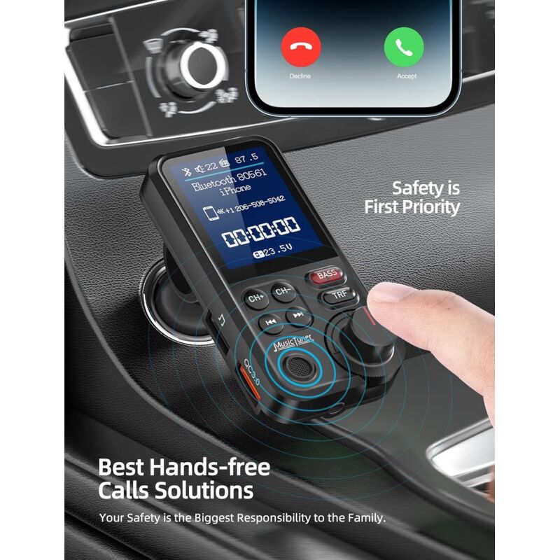 Bluetooth-autosender Mit 1,8-zoll-farbbildschirm, Qc3.0-schnellladefunktion Und Integriertem Mikrofon Für Freisprechanrufe
