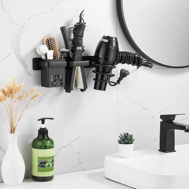 3-in-1 Wandhalterung Für Haartrockner Und Glätteisen, Badezimmer-organizer Aus Aluminiumlegierung Mit Kabelhalter Und Stecker (schwarz)