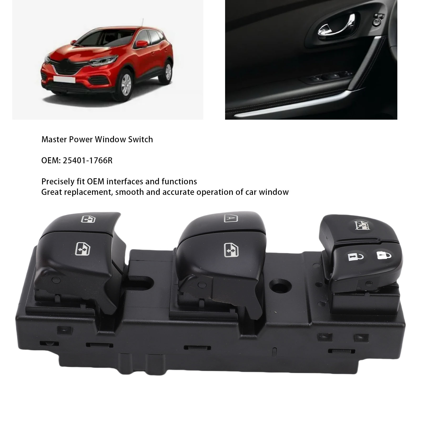 Linker Elektrischer Fensterheberschalter Für Kadjar (2015–2019) – Oem 25401-1766r, Schwarz, Fensterhebersteuerung