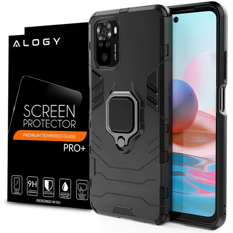 Alogy Stand Ring Armor Case Für Xiaomi Redmi Note 10/10s Schwarz + Glas