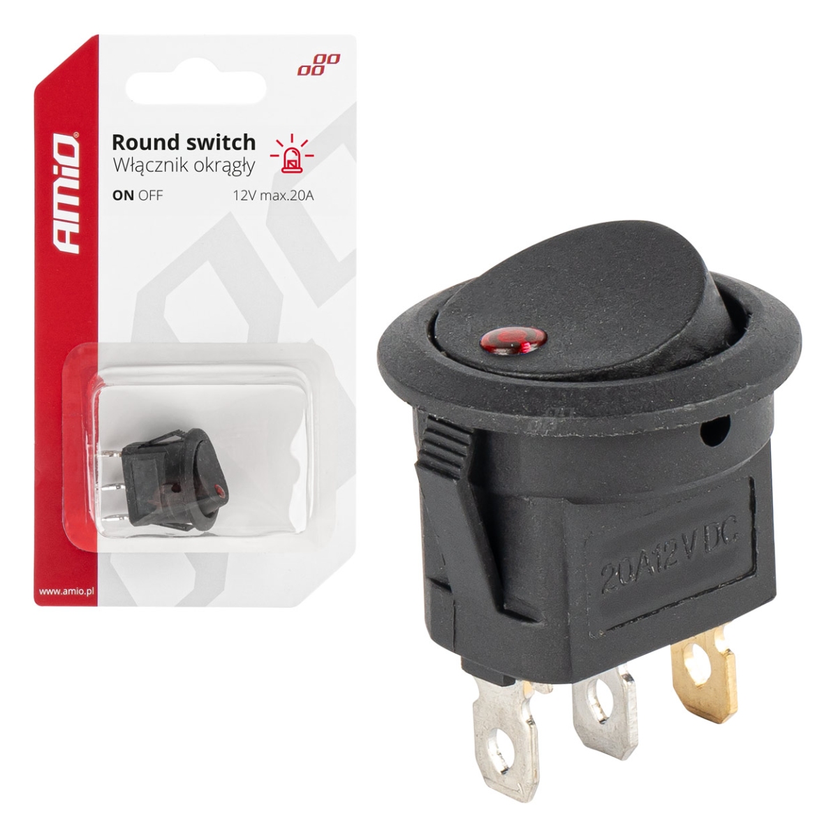 Schalter, Runder Knopf, 12 V 20 A, Ein/aus, Rote Hintergrundbeleuchtung, Amio-03961