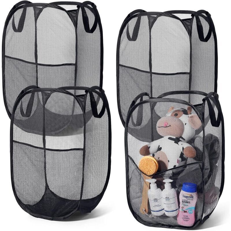 Faltbare Wäschekörbe Zum Aufklappen – 4er-set Aus Atmungsaktivem Netzgewebe Mit Seitentasche Und Tragegriffen, Ideal Für Reisen, Kinderzimmer Oder Zuhause