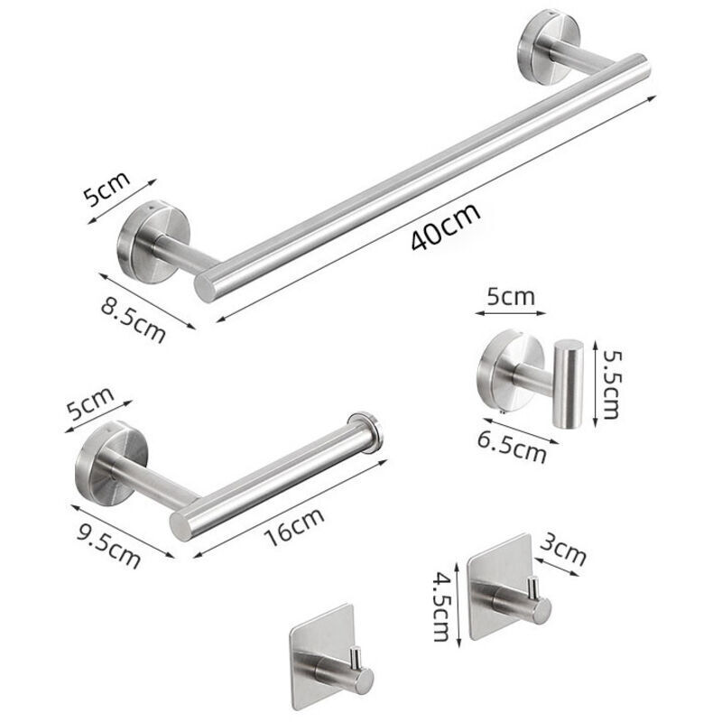 Set Mit 5 Selbstklebenden, Bohrfreien Handtuchhaltern Aus Edelstahl Fürs Badezimmer – Ring + Haken + Papierhandtuchhalter