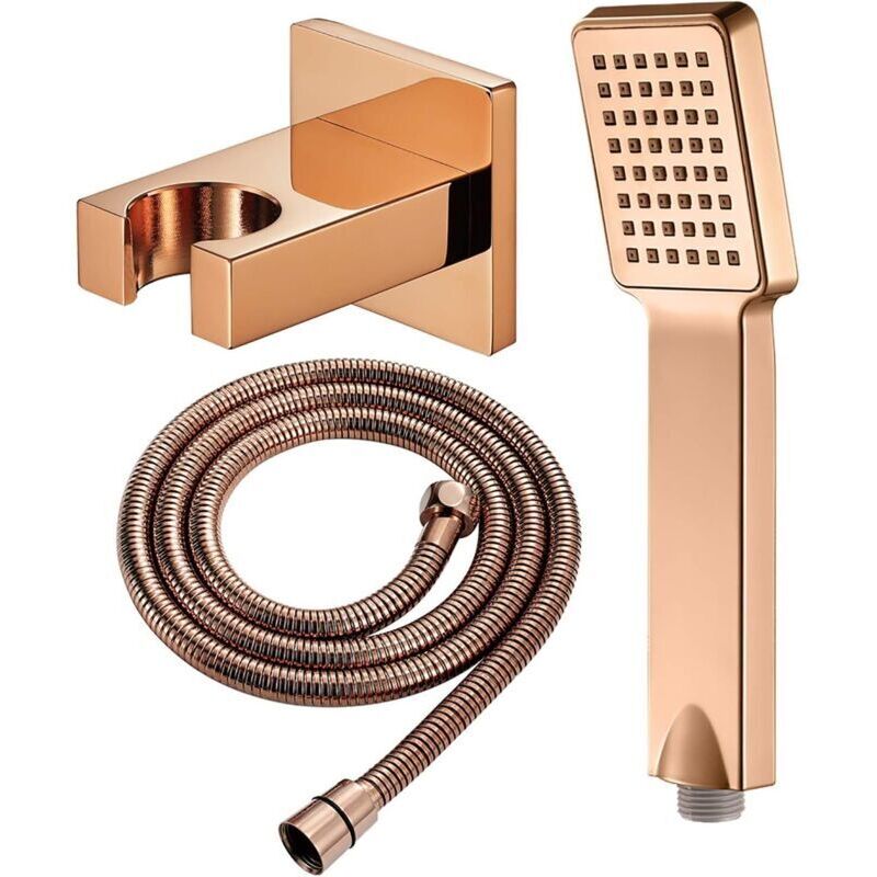 Handbrause Fürs Badezimmer Mit Sparsamem, Quadratischem Brausekopf, Halterung Aus Roségoldenem Messing, Flexiblem Und Verstellbarem Schlauch – Komplettset