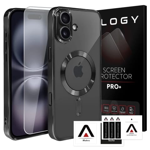 Magsafe Hülle Für Apple Iphone 16 Plus, Alogy Glamour Luxus-ringhülle, Schwarz Und Transparent + Gehärtetes Glas
