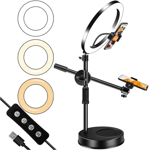 10" Led-ringlicht Mit 2x Handyhalterung, Stativ, Verstellbarem Arm, Alogy Schwarz