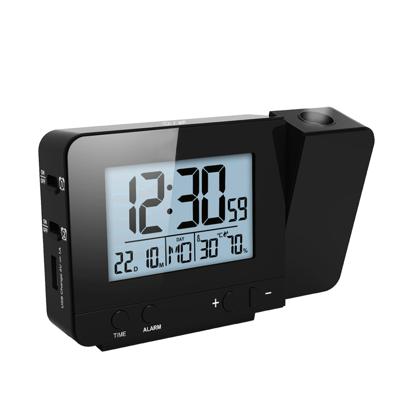 Réveil Projecteur Avec Thermomètre Et Hygromètre, Affichage Led Réglable, Double Alarme, Rotation 180°, Chargeur Usb (12/24 H)