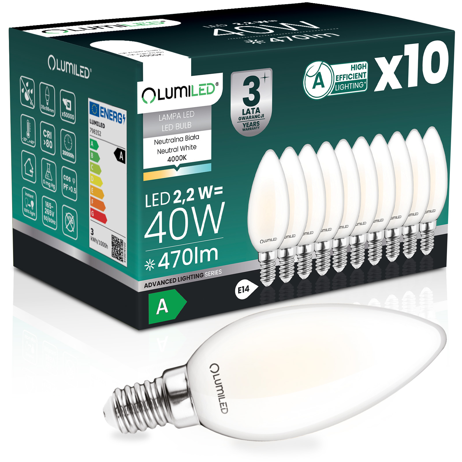 10x Led-lampe E14 Kerze B35 2,2 W 470 Lm = 40 W 4000 K Neutralleiter 360° Glühfaden Klasse A