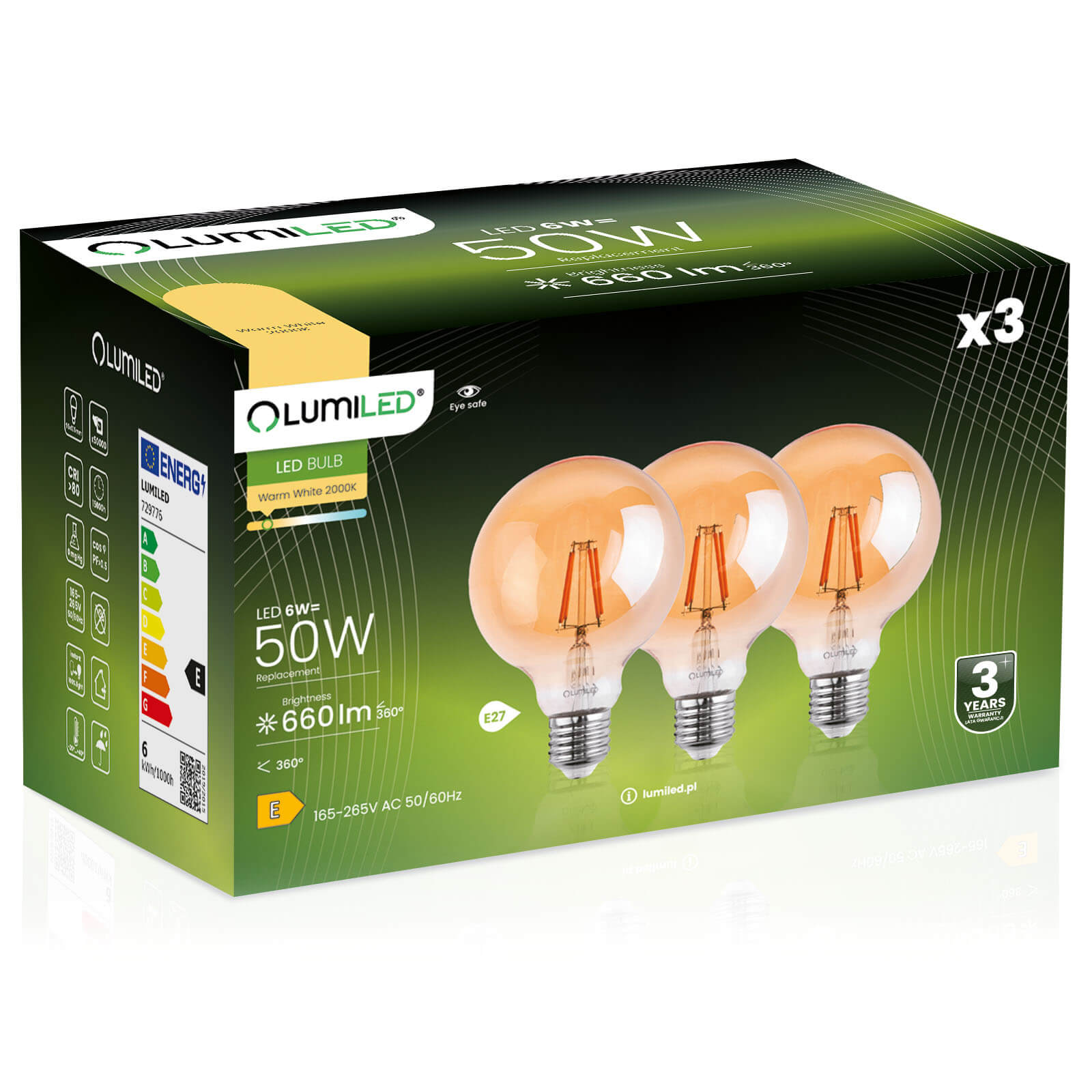 3x Led-lampe E27 Kugel G95 6w = 50w 660lm 2000k Warmweiß 360° Bernsteinfarbener Leuchtstoffröhre