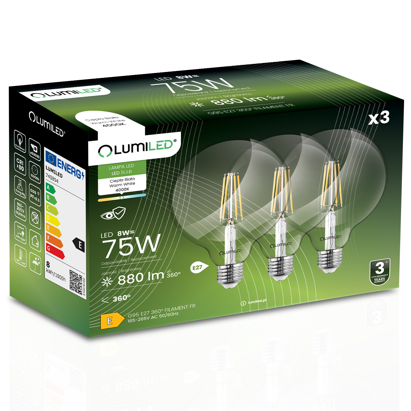 3x Led-lampe E27 Kugel G95 8w = 75w 880lm 4000k Neutralweiß 360° Leuchtstoffröhre