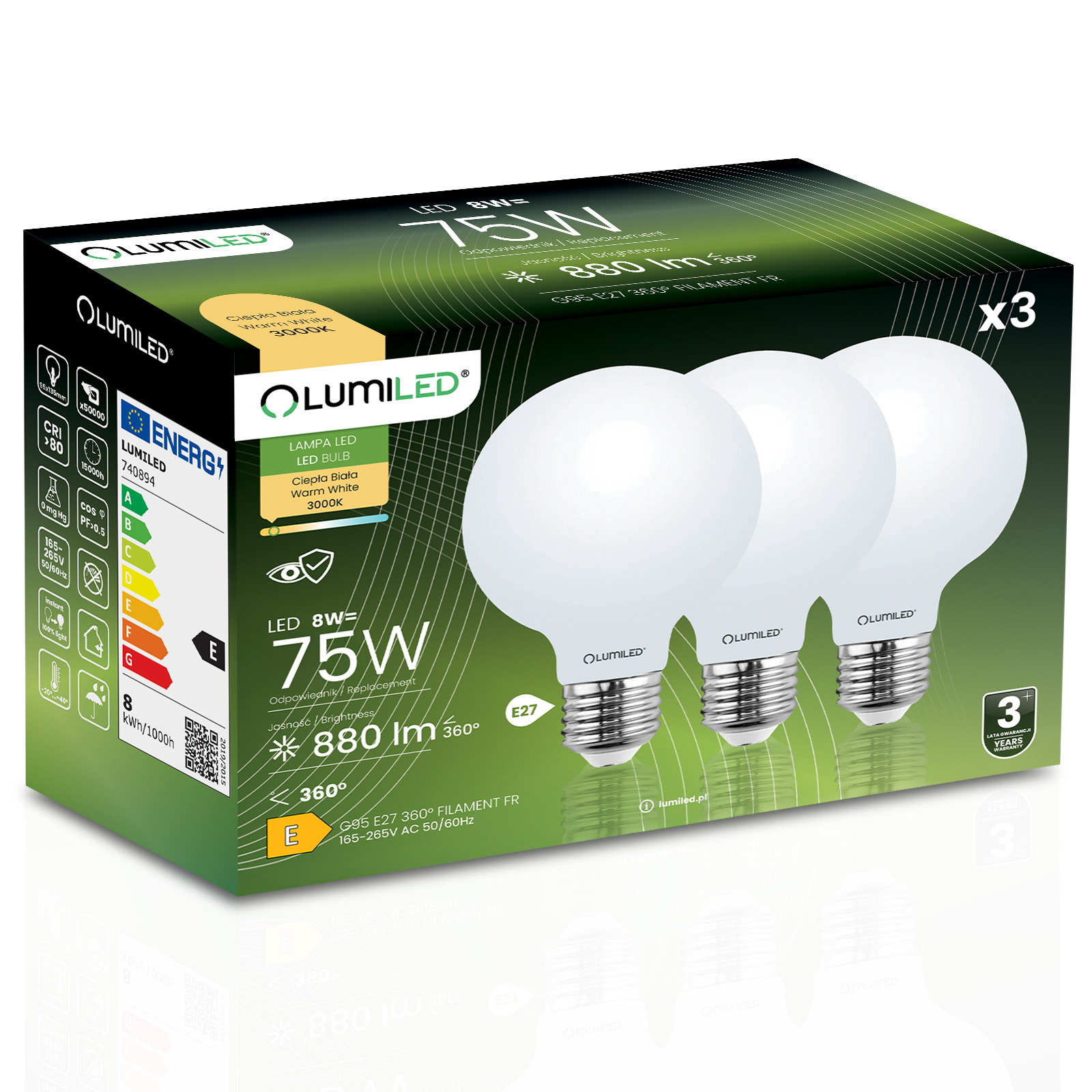 3x Led-lampe E27 Kugel G95 8w = 75w 880lm 3000k Warmweiß 360° Leuchtstoffröhre