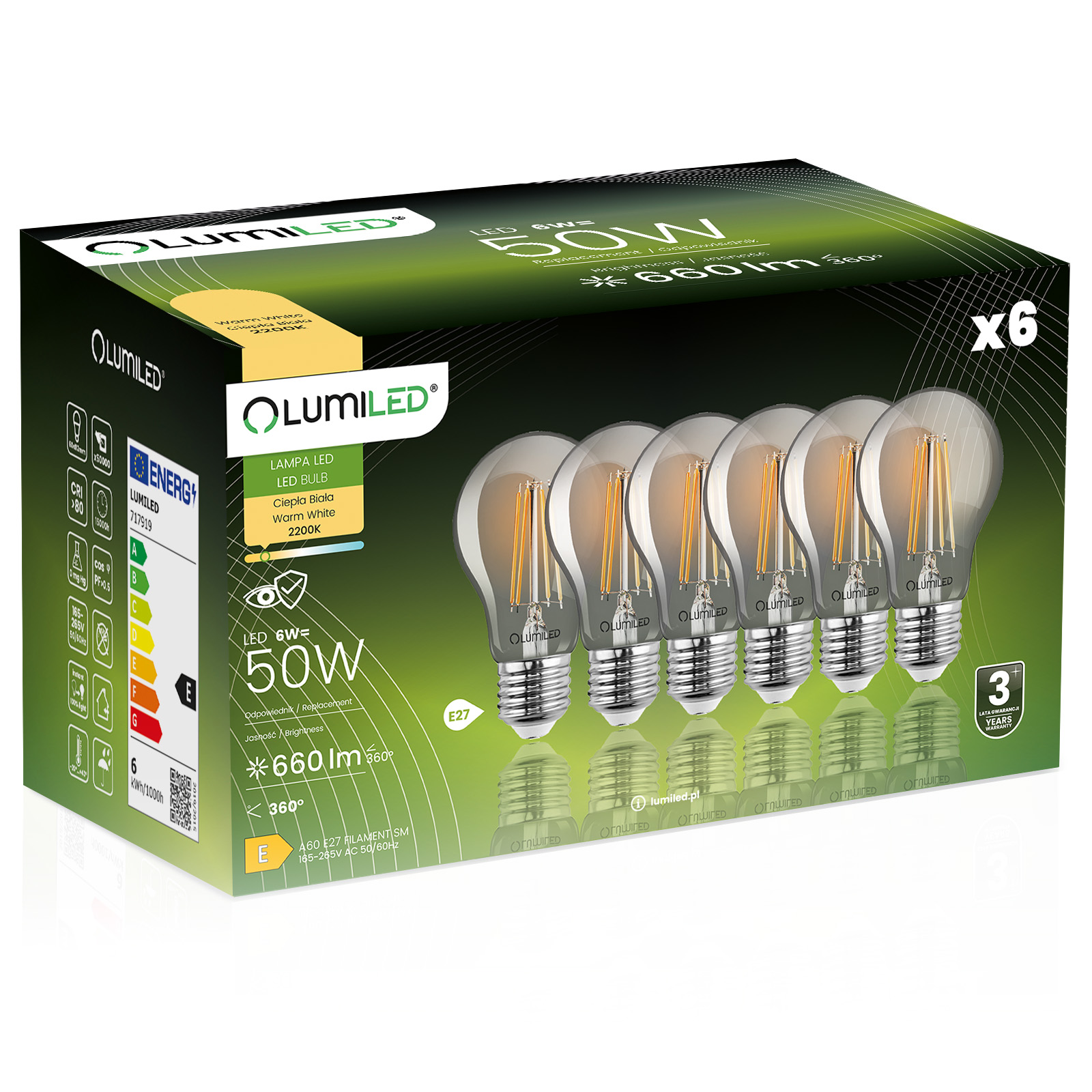 6x Led-lampe E27 A60 6w = 50w 660lm 2200k Warmweiß, 360° Rauchfarbenes Leuchtmittel Mit Glühfaden