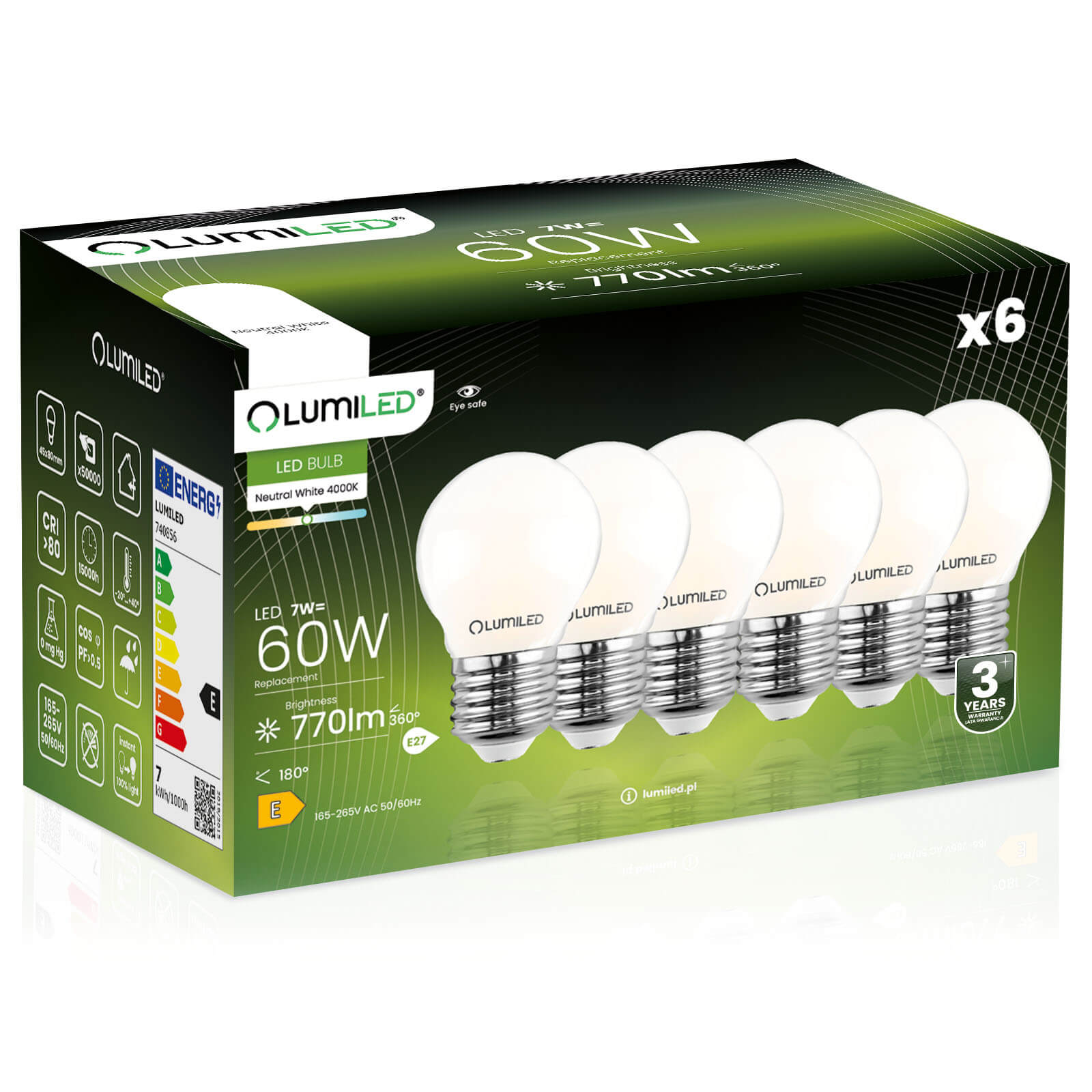 6x Led-lampe E27 Kugel P45 7w = 60w 806lm 4000k Neutralweiß 360° Leuchtstoffröhre