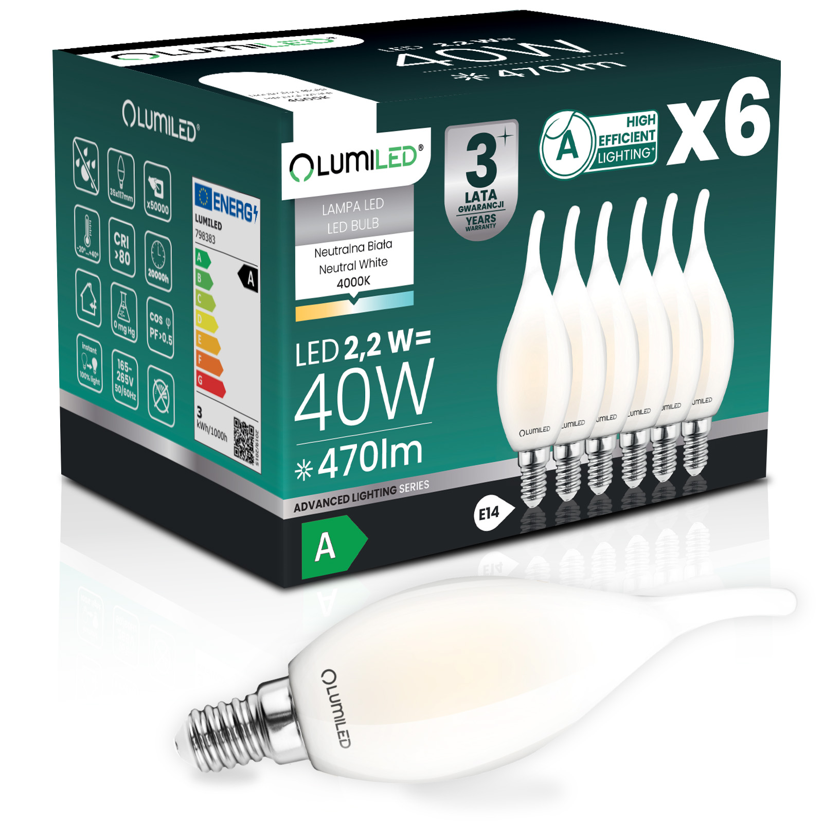6x Led-lampe E14 Kerze Ba35 2,2 W 470 Lm = 40 W 4000 K Neutralleiter 360° Glühfaden Klasse A Lumiled