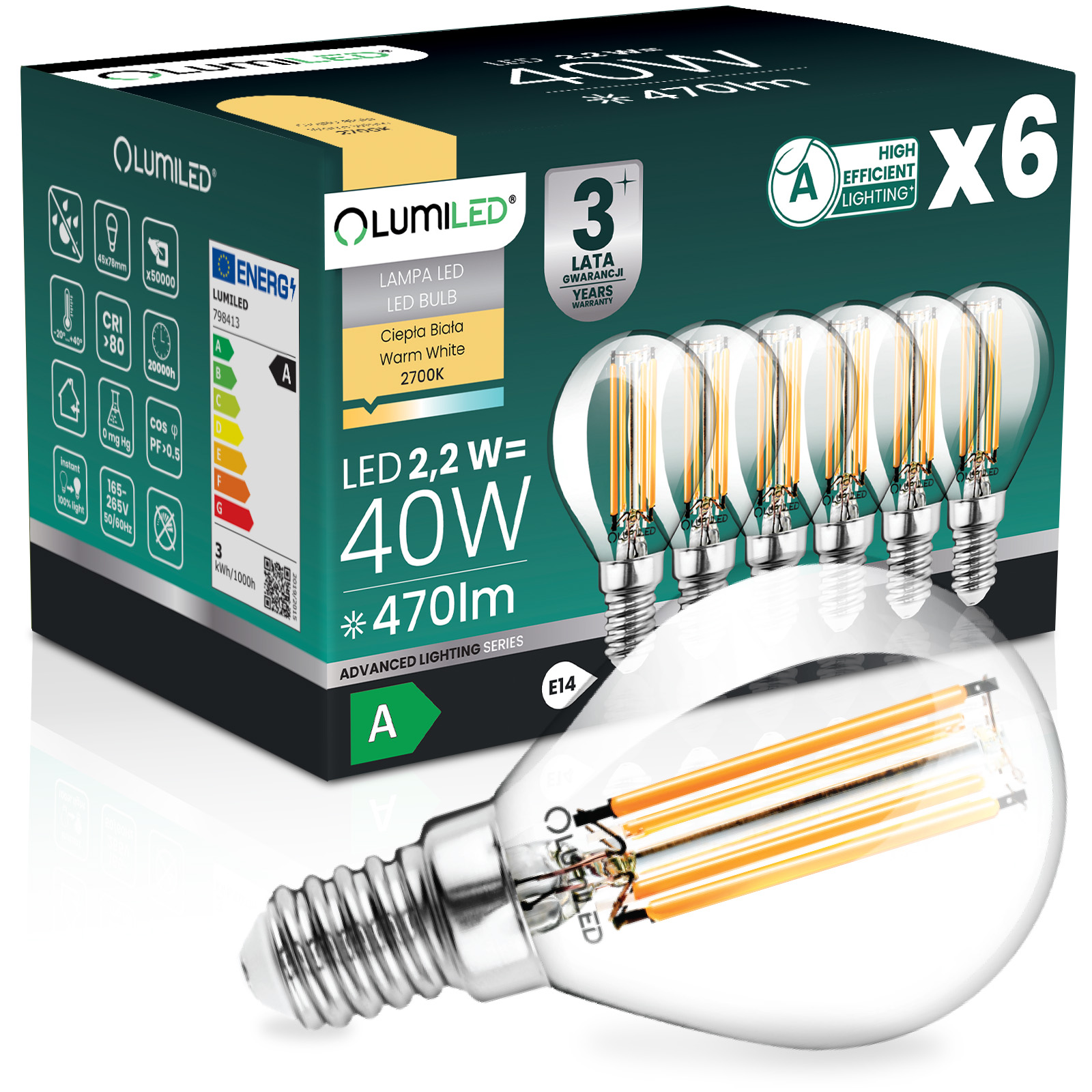 6x Led-lampe E14 Kugel P45 2,2 W 470 Lm = 40 W 2700 K Warmweiß 360°-glühfaden Klasse A