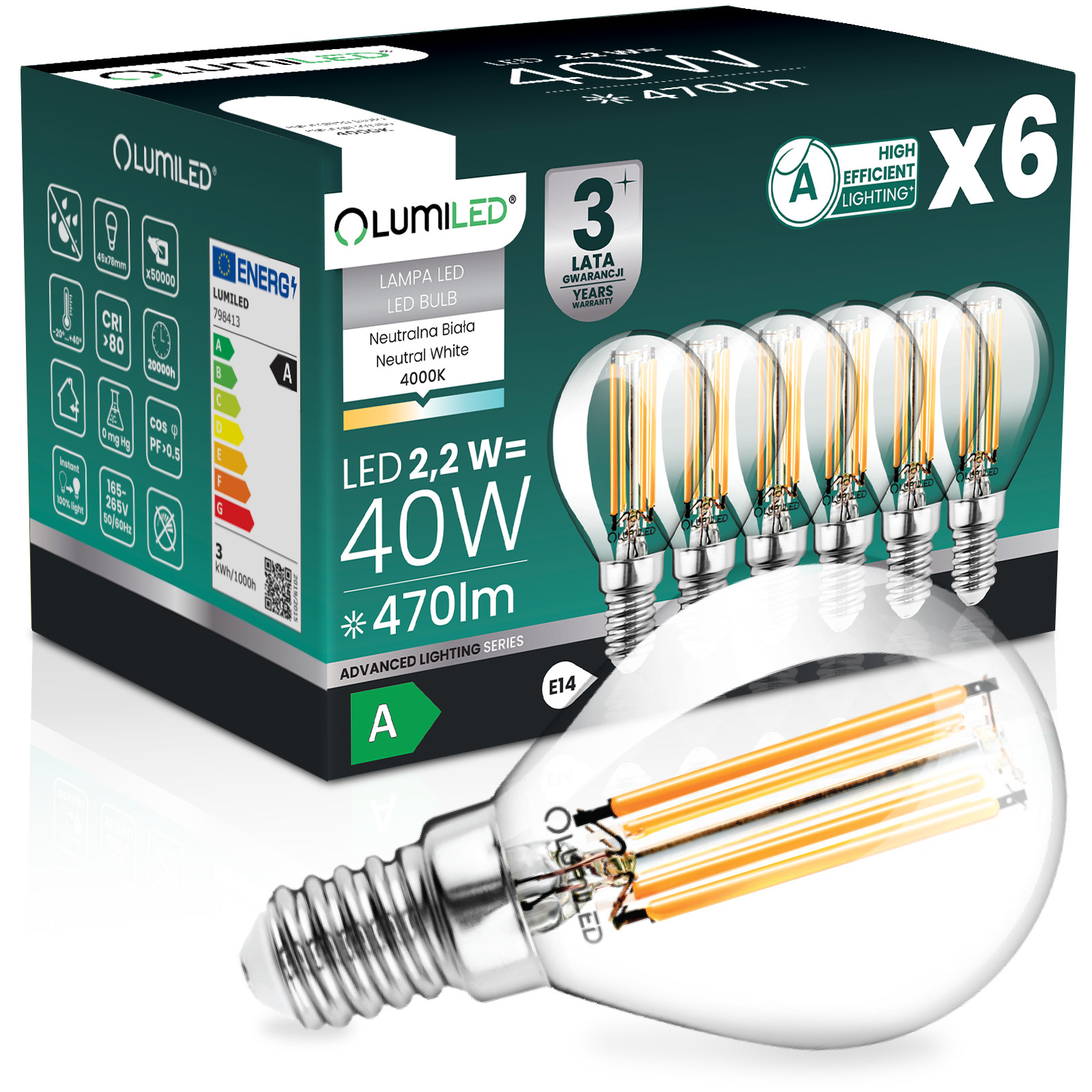 6x Led-lampe E14 Kugel P45 2,2 W 470 Lm = 40 W 4000 K Neutralleiter 360° Glühfaden Klasse A