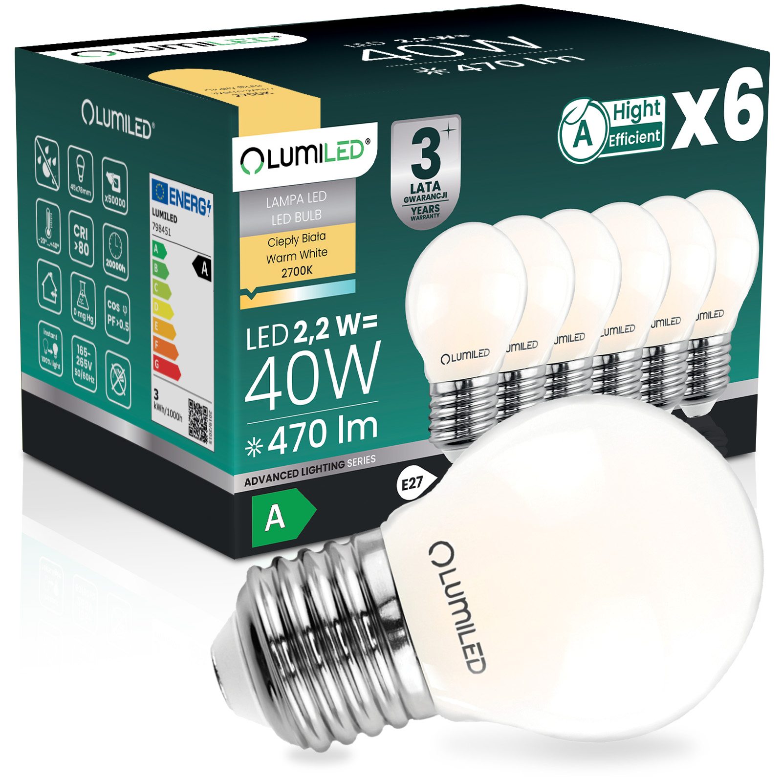 6x Led-lampe E27 Kugel P45 2,2 W 470 Lm = 40 W 2700 K Warmweiß 360°-glühfaden Klasse A