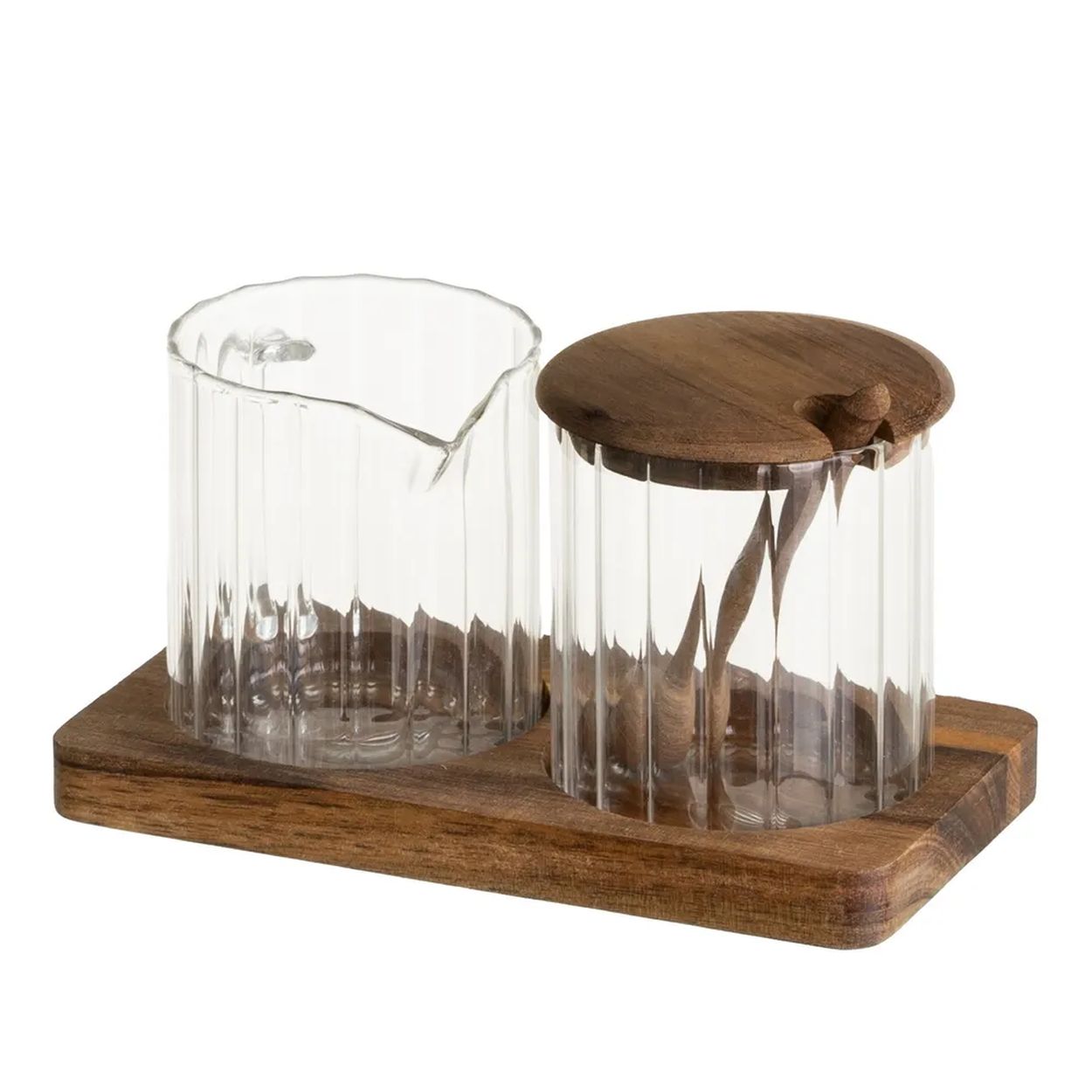 Ein Set Aus Zuckerdose Und Sahnekännchen Auf Einem Holztablett