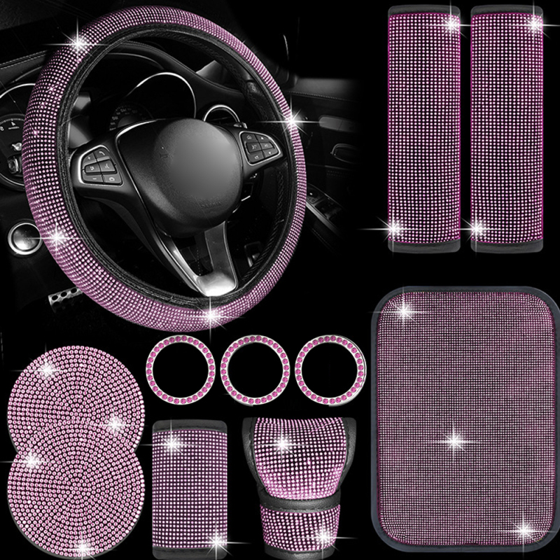 Set Mit 11 Strass-autoaccessoires: Lenkradbezug, Schalthebel, Handbremse, Sicherheitsgurt, Ringe, Startknopf, Untersetzer, Armlehnenkissen