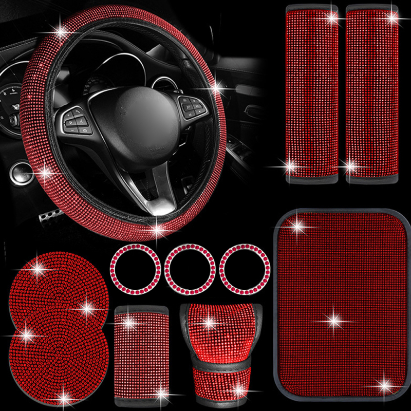 Set Mit 11 Strass-autoaccessoires: Lenkradbezug, Schalthebel, Handbremse, Sicherheitsgurtringe, Startknopf, Untersetzer, Armlehnenkissen