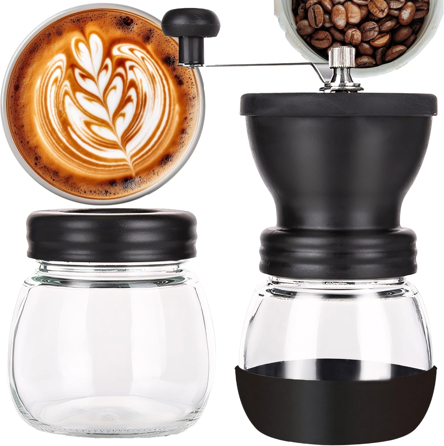 Manuelle Kaffeemühle Aus Keramik, Fein- Und Grobmahlwerk, Edelstahl, 9 X 18,5 Cm, Mit Messer Und Schüssel Zur Aufbewahrung Zu Hause Oder Im Büro, Schwarz.