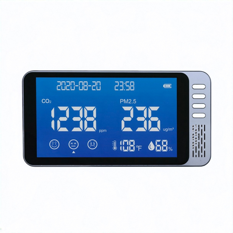 6-in-1-luftqualitätsmonitor, Ndir-sensor, Erkennt Co2, Pm2,5, Temperatur, Luftfeuchtigkeit, Uhrzeit, Datum, Akustischer Alarm, Celsius/fahrenheit-umschaltung