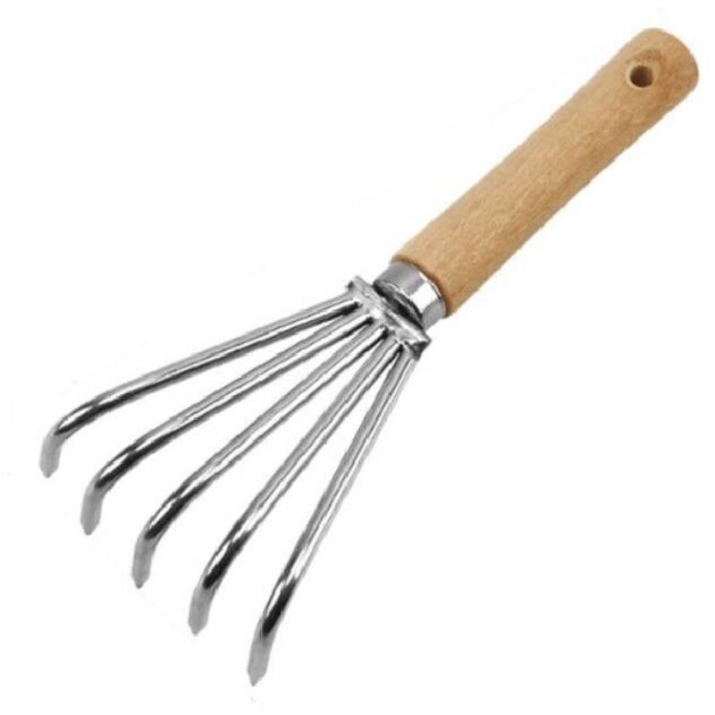Professionelles Umpflanz- Und Grabwerkzeug Aus Stahl Mit Langem Holzgriff – 5 Kurze Silberne Spitzen Für Präzises Einebnen Des Bodens