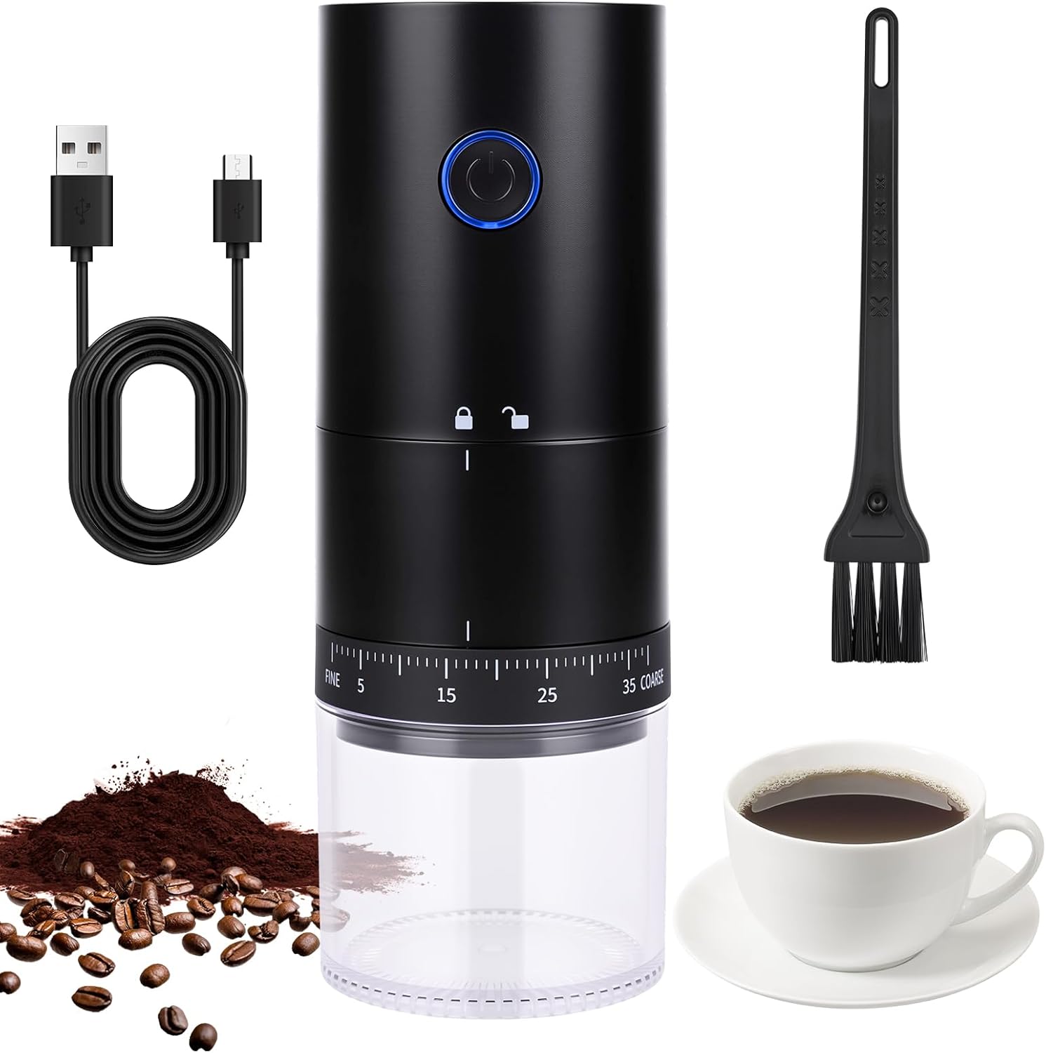 Elektrische Kaffeemühle, Tragbare Kaffeemühle Mit 38 Einstellbaren Einstellungen, Verstellbare Kaffeemühle Für Samen Und Gewürze, Geeignet Für Zuhause, Büro, Reisen Und Camping (schwarz)