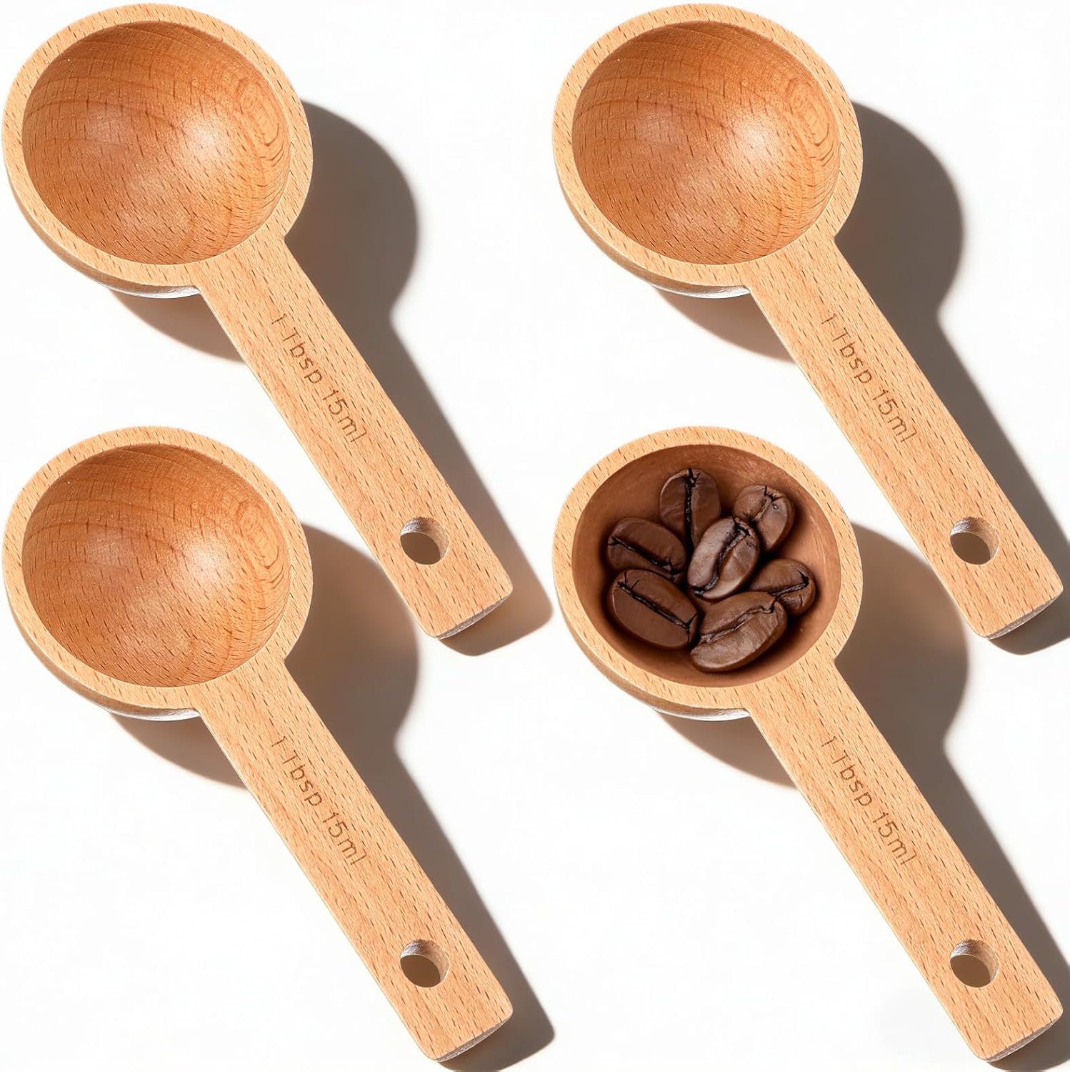Set Bestehend Aus 4 Teelöffeln Aus Holz Und Einer Suppenkelle (15 Ml), Küchenzubehör Für Den Heimgebrauch, Geeignet Für Kaffeebohnen, Gemahlenen Kaffee, Teeblätter, Gewürze, Proteinpulver Und Badesalz