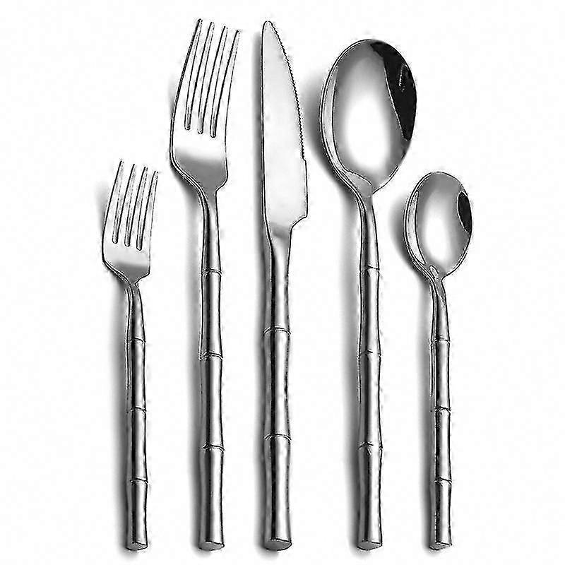 Kreatives, Zylindrisches Besteckset Aus Edelstahl 304 Mit Bambusgriff, 5-teilig, Dickes Besteck, Kompatibel Mit Küchensilber.