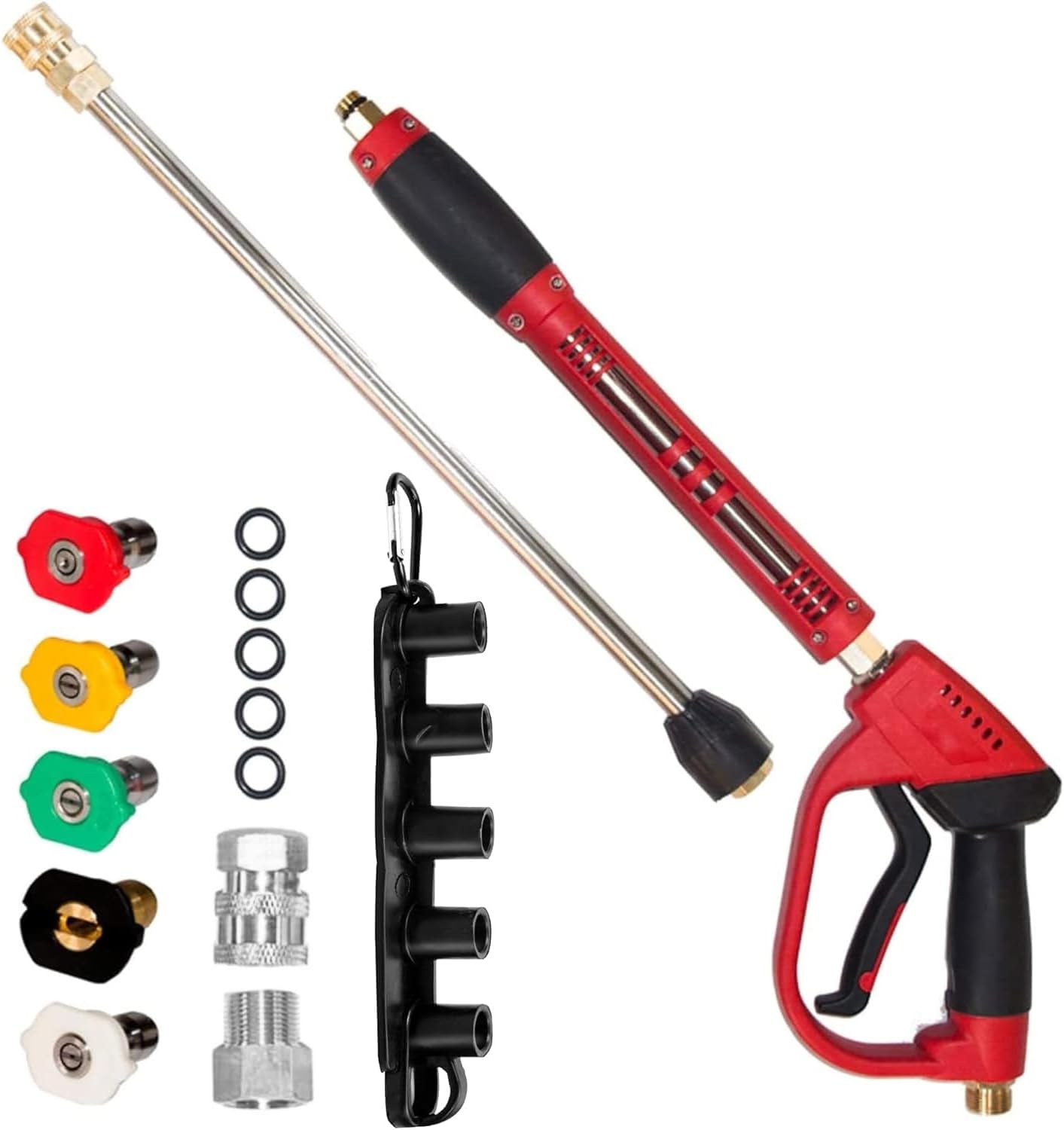 Pistolet Pour Nettoyeur Haute Pression, Pistolet De Pulvérisation Rouge Haute Puissance Avec Lance D'Extension, 5 Buses, Raccords M22, 40 Pouces, 5000 Psi