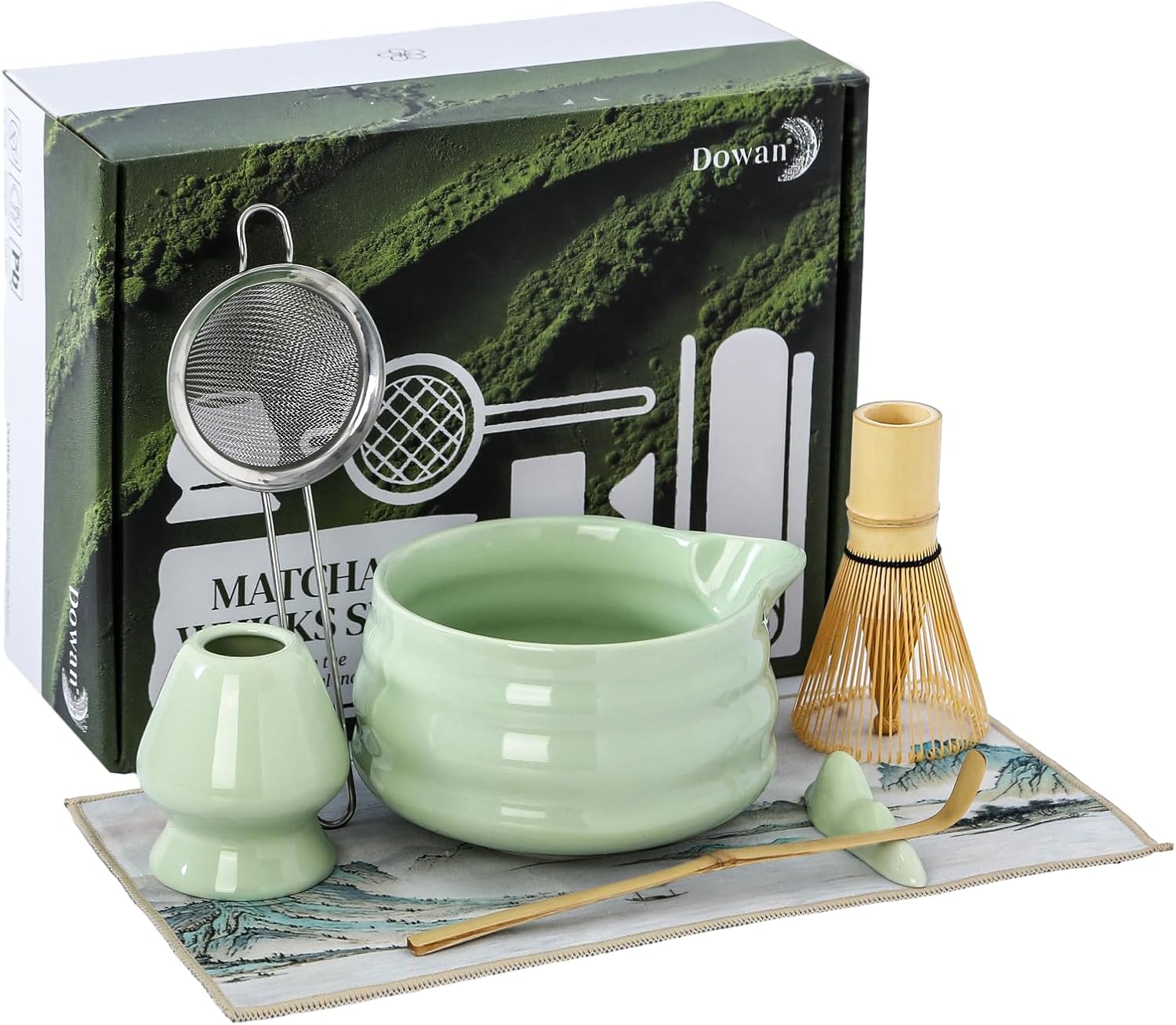 Matcha-set, 7-teiliges Matcha-set, Grünes Matcha-zubehör, Matcha-besen-set Aus Keramik, Matcha-schale Mit Ausguss, Matcha-set Mit Bambusbesen, Matcha-geschenkbox, Grün