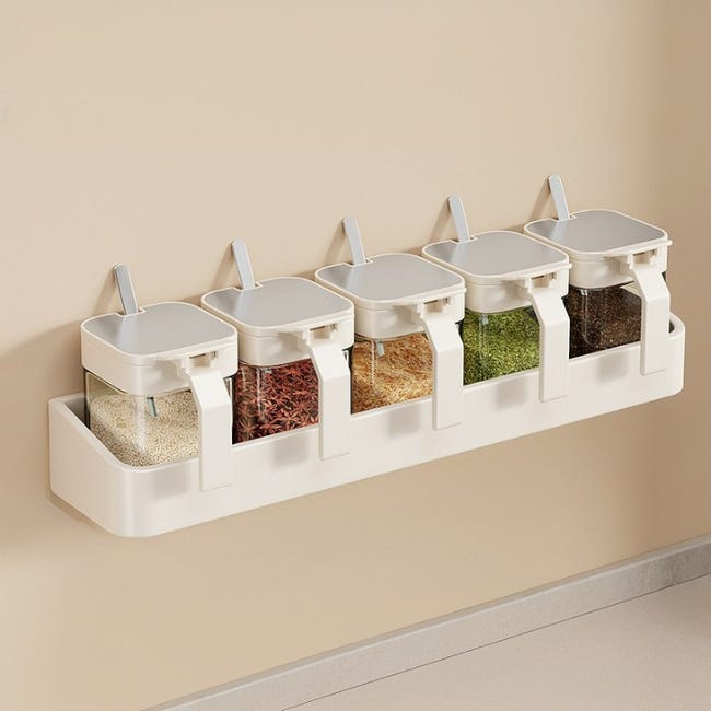 Wandgewürzbox Aus Edelstahl Mit 5 Gläsern – Kompakter Gewürzhalter, Modernes Design, Optimierte Aufbewahrung, 39 X 8,7 X 5 Cm, Cremeweiß