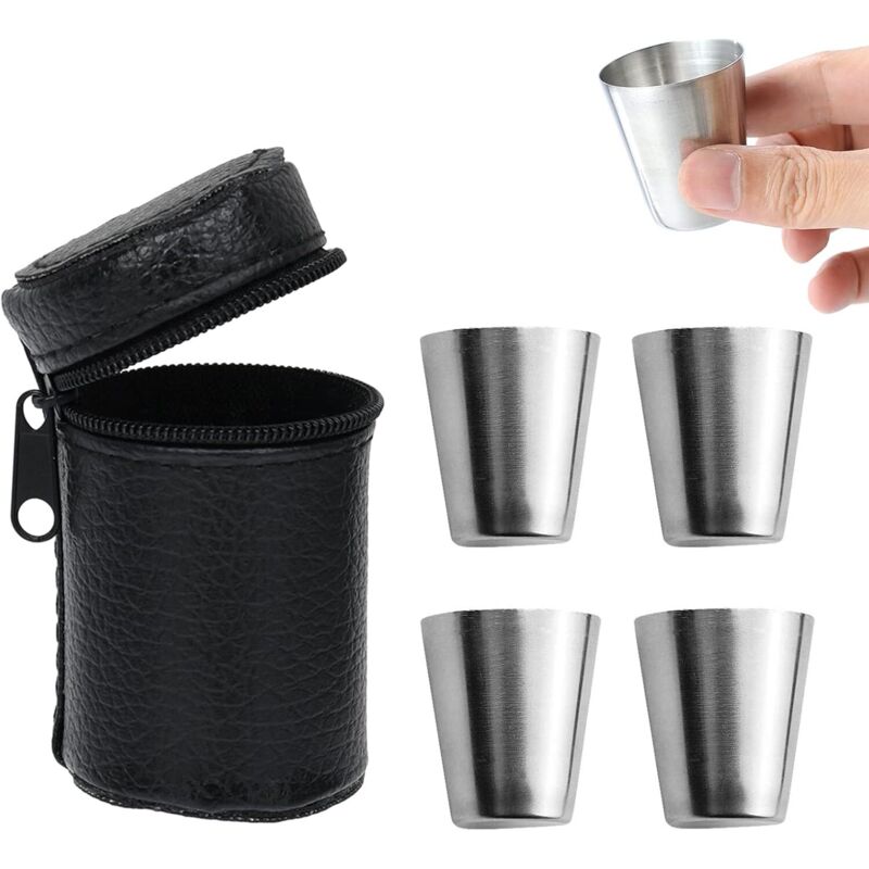 Miniatur-edelstahl-likörgläser (30 Ml) – 2er-set Mit Lederetui, Ideal Für Camping Und Wandern – Ulisem