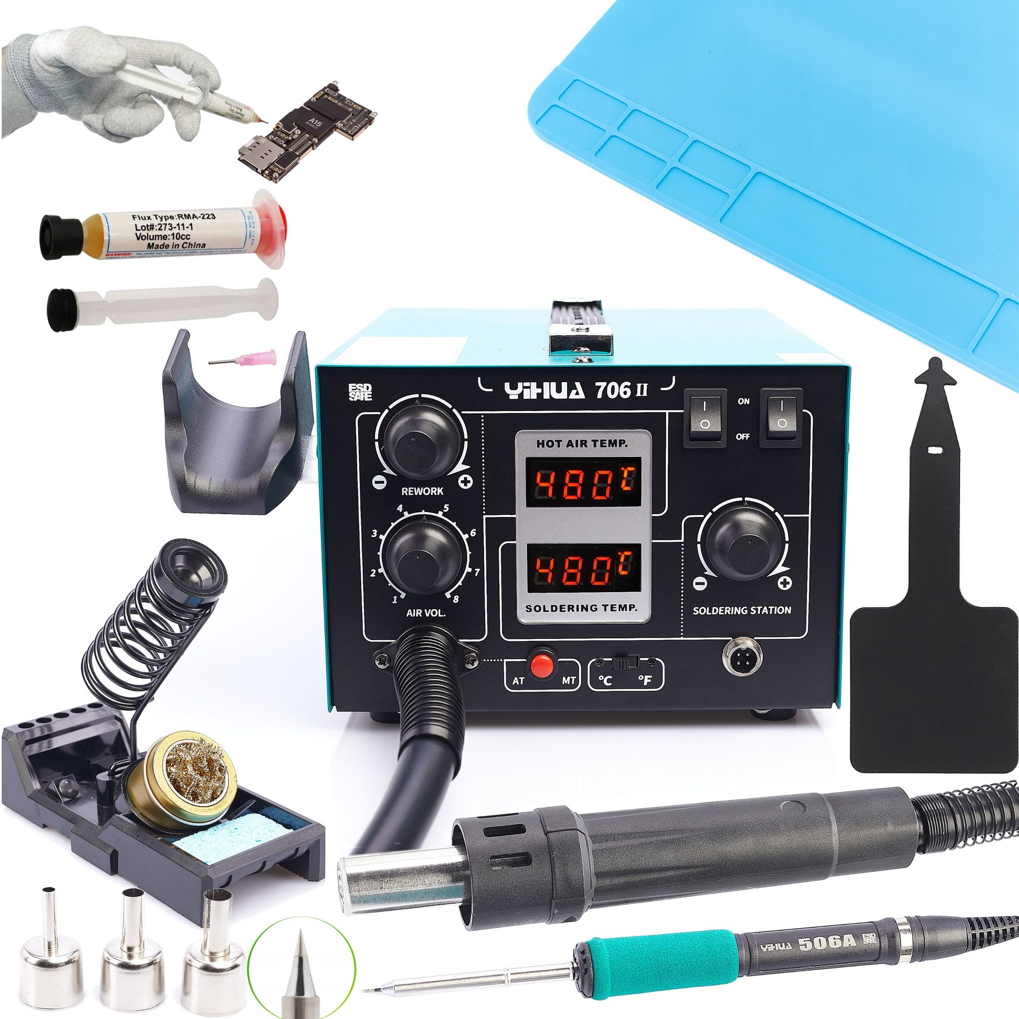 Professionelle 2-in-1 Heißluft-lötstation + T12 Yihua 706 Ii System + Flussmittel + Matte + Verbrühungsschutz