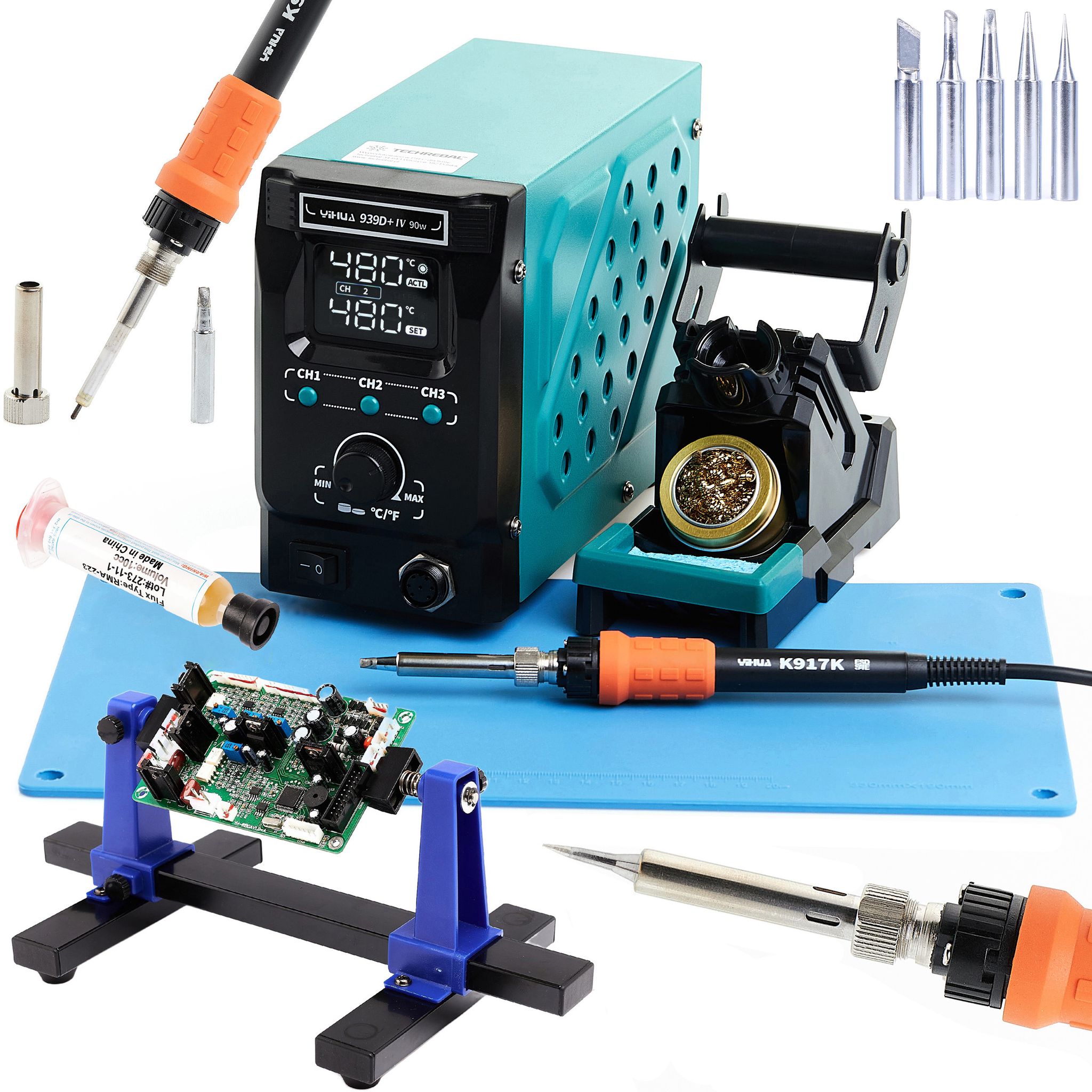 Yihua 939d+-iv 90w Lötstation-set + Matte + Flussmittel + Leiterplattenhalter + Lötspitze