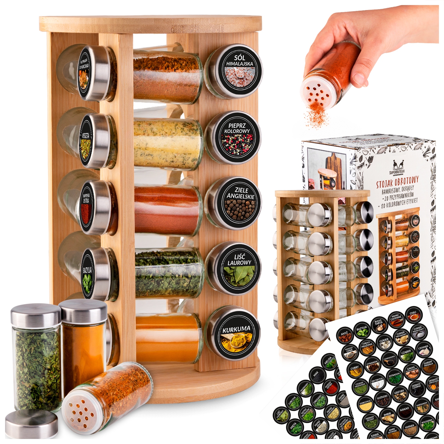 Runder, Drehbarer Gewürzständer Aus Holz + 20 Gewürzregale + 75 Farbige Gewürzetiketten, Größe 36 (pl-set)