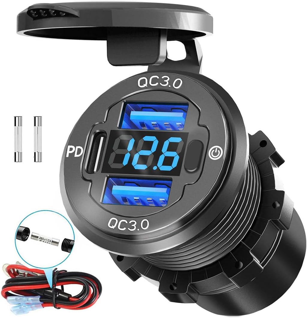 78-w-dreifach-usb-anschluss (12 V) Mit Voltmeter-schalter – Pd3.0- Und Dual-qc3.0-schnellladefunktion Für Autos, Wasserdichter Usb-c-anschluss Aus Aluminiumlegierung Für Auto, Wohnmobil, Motorrad Und