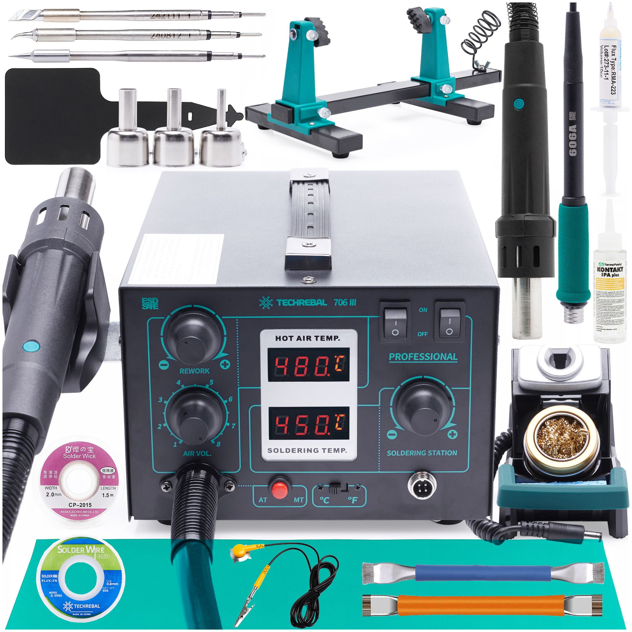 Techrebal 706 Iii 2-in-1 Lötstation + 3 Lötspitzen + Leiterplattenhalter + Zubehör