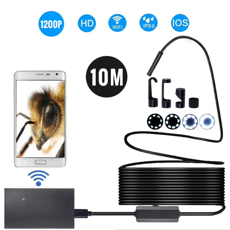 8-mm-funkendoskopkamera, Ip68 Wasserdicht, Wlan, 2-mp-hd-inspektionskamera, 8 Leds, Halbstarres Kabel, Kompatibel Mit Iphones, Ipads, Android-geräten Und Pcs, Schwarz, 10 M Reichweite