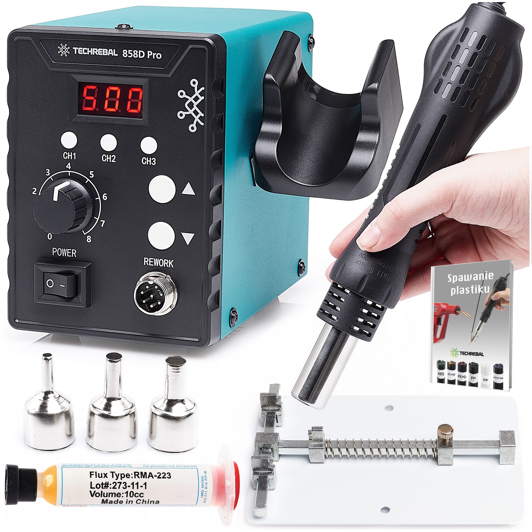 Techrebal 858d Lötstation + Leiterplattenhalter + Rf800