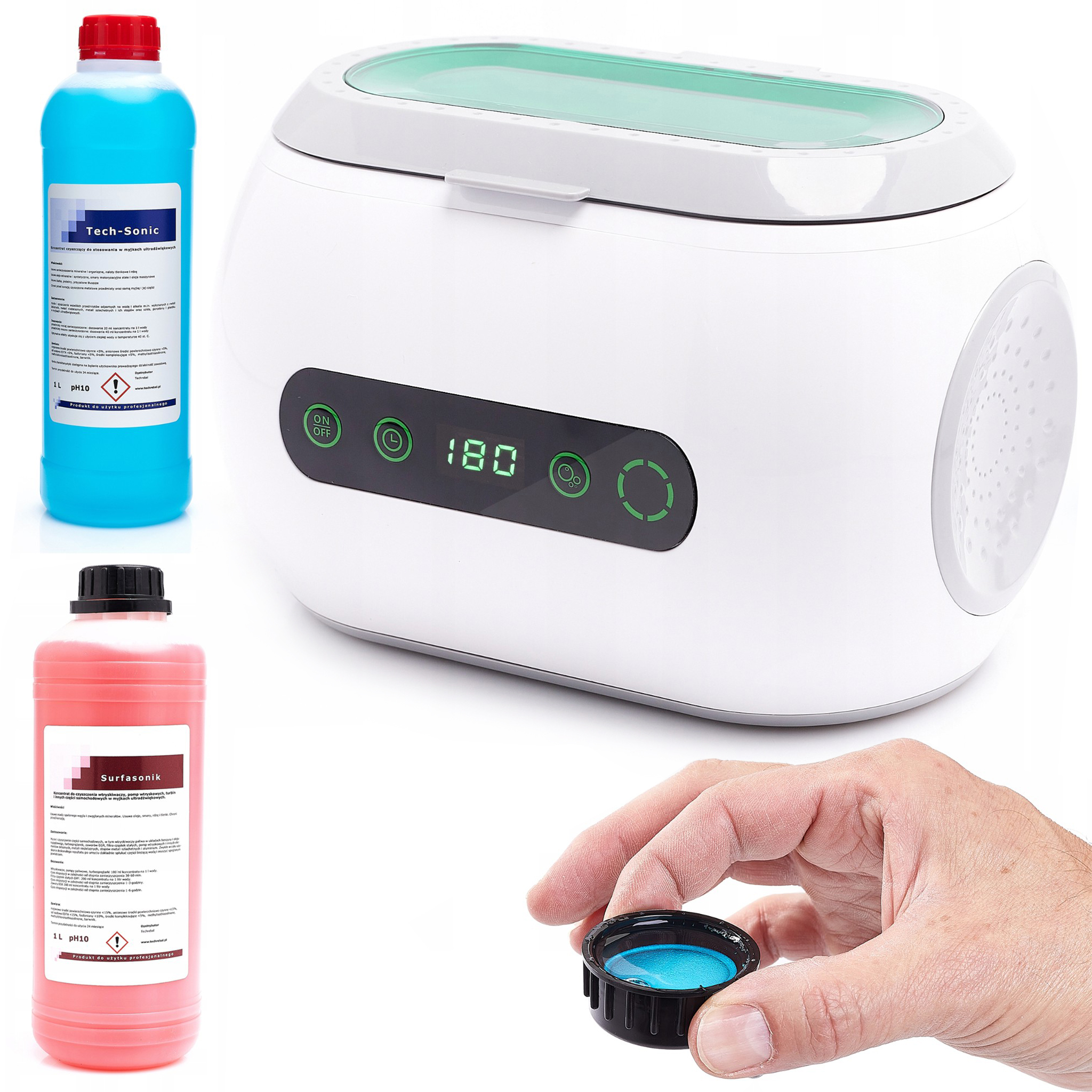Ultraschallreiniger / -bad Ps-06a 35w 600ml + Tech-sonic-reinigungslösung 1l (blau) + Surfa Sonic Cleantech 1l (rot)