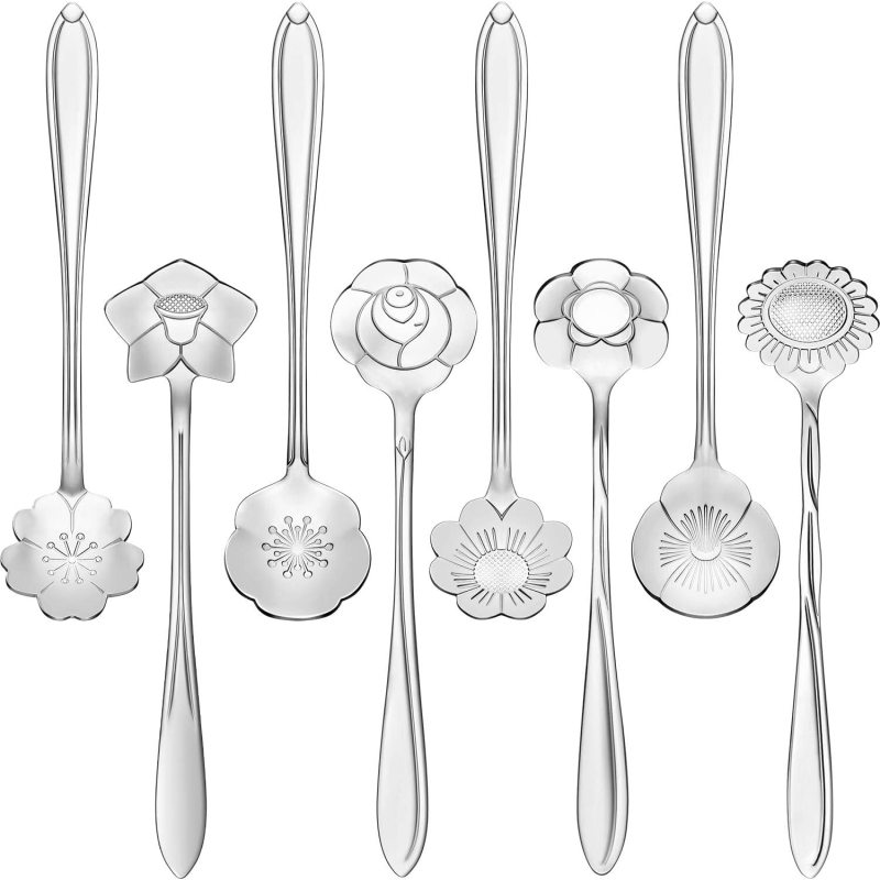 Set Aus 8 Edelstahl-kaffee-/teelöffeln Mit Floralem Muster, Zuckerlöffel, Teelöffel, Rührlöffel, 8 Verschiedene Muster (bunt).