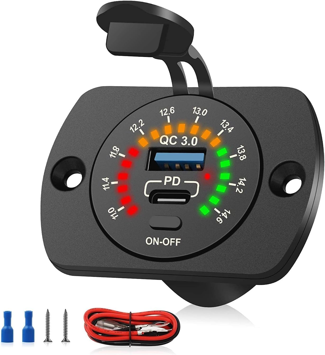 12-v-usb-ausgang, 30-w-pd-usb-c-18-w-qc3.0-kfz-ladegerät Mit Farbvoltmeter Und Schalter Für Lkw, Boot Und Wohnmobil