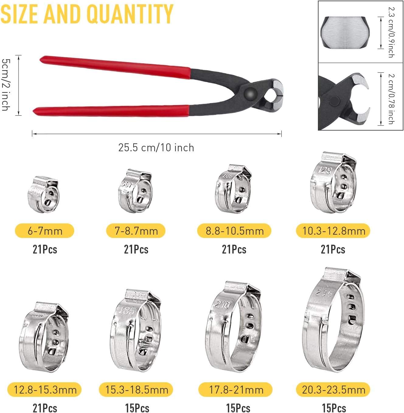 150 Stück Einzelohr-schlauchklemmen Aus Edelstahl 304 Mit Ohrklemmen, 6-23,5 Mm Crimp-schlauchklemmen-sortimentsset, Bündelring-crimpklemmen-werkzeug, Ideal Für Automobil-, Haushaltsgerätekabel Und Ro