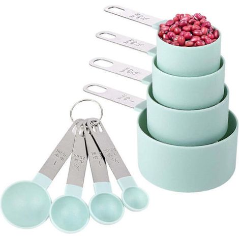 Set Mit 8 Stapelbaren Messbechern Und -löffeln Mit Edelstahlgriffen Für Trockene Und Flüssige Zutaten. Seeblau