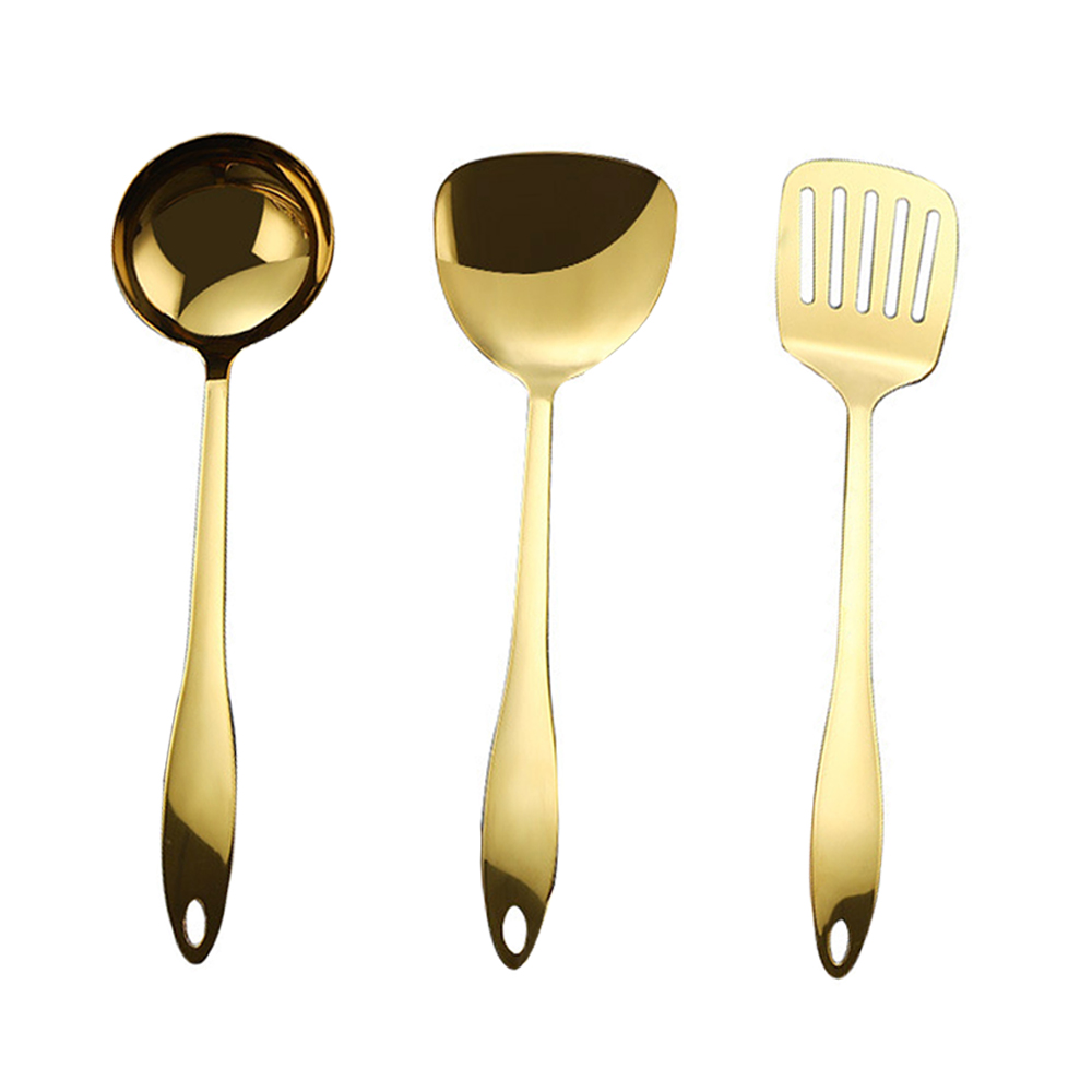 Küchenutensilien-set Aus Titanbeschichtetem Edelstahl – Gold – Inklusive Schöpfkelle, Spatel Und Sieb