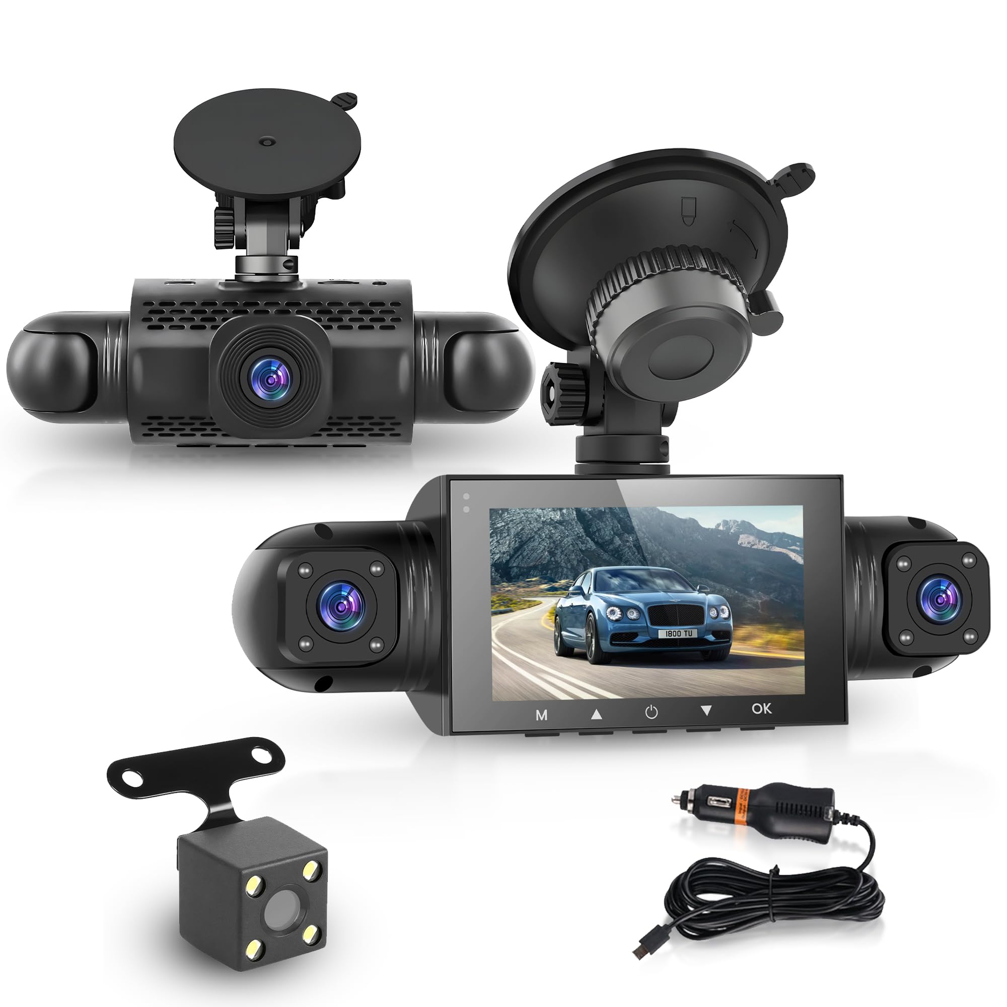 1080p-auto-dashcam, 4 Kameras, 360°-schutz, 3-zoll-ips-bildschirm, Nachtsicht, G-sensor, Parküberwachung, Schleifenaufzeichnung, Belichtungskorrektur