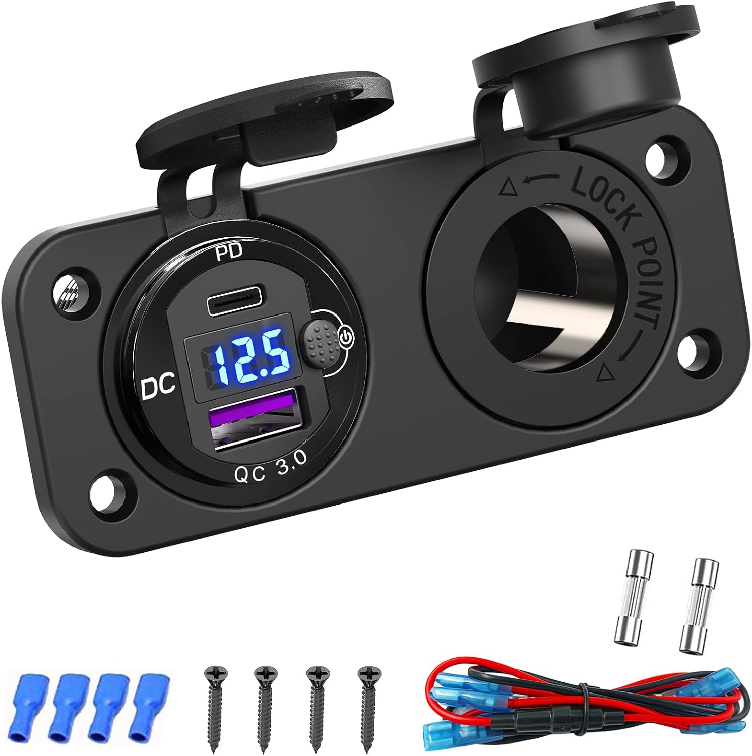12-volt-usb-zigarettenanzünderbuchse: Pd 20w C Und Qc3.0-autoanschluss, 12-v-metallbuchse Aus Aluminium, 150-w-ladepanel Mit Netzschalter Und Led-voltmeter